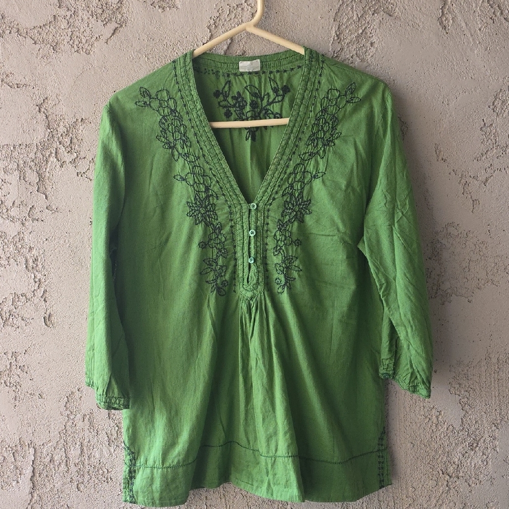 H&M L.o.g.g. Vintage Green Floral Embroidered V Neck Tunic